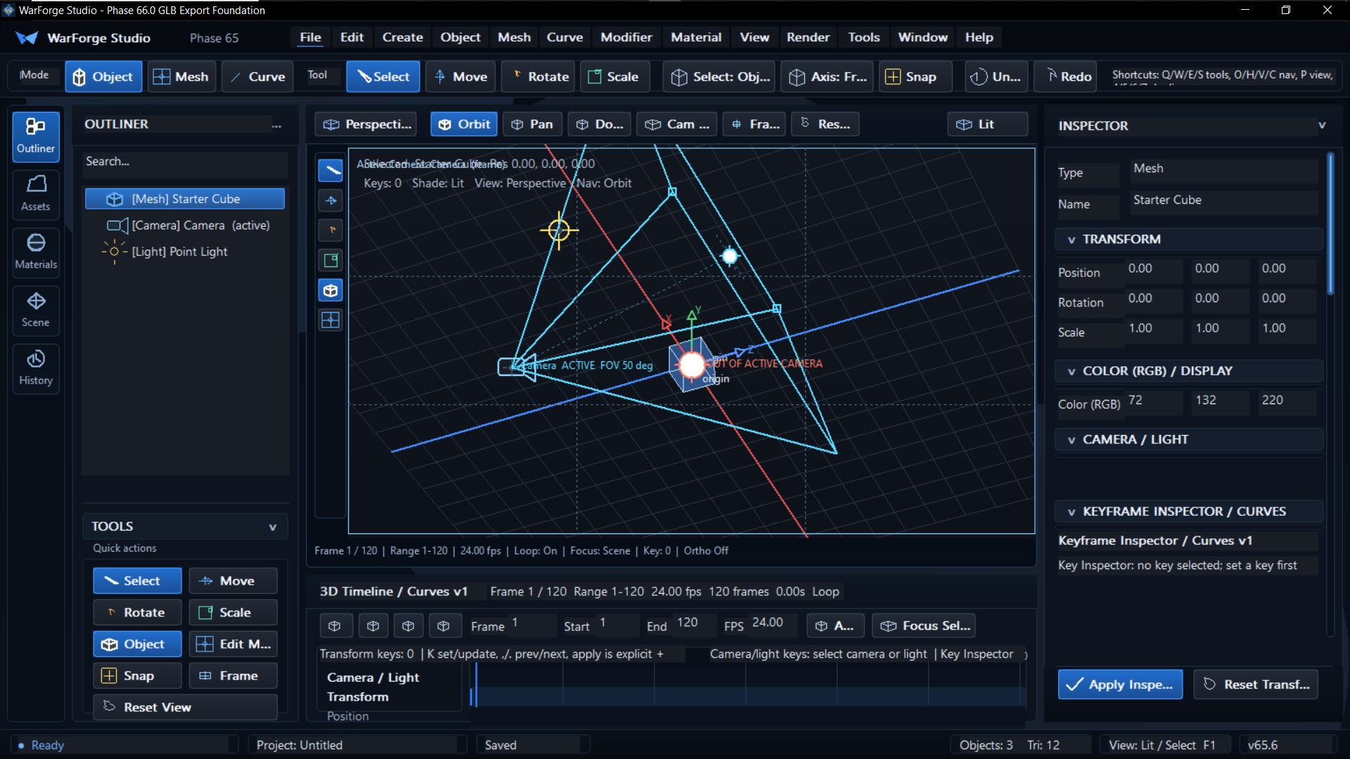 Warforge Studio initial workspace showing outliner, viewport, inspector, and timeline